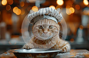 Cat chef cooks in cap and striped clothes