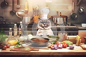 cat chef preparing healthy and nutritious meal, with ingredients displayed in the background