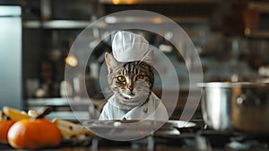 Cat in chef uniform, restaurant kitchen. Charming feline chef adds a playful touch to the culinary scene, blending cuteness with