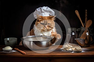 cat chef with whisk and mixing bowl, preparing seafood bisque