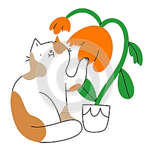 Cat chewing flower, vector illustration