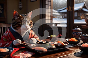 cat in a Chinese kimono prepares sushi