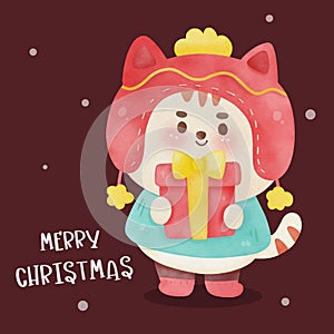 Cat Christmas cute santa animal watercolor holding x mas gift. Happy new year kids kawaii vector for fairy tale book