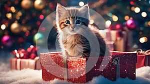 cat with christmas gifts highly intricately detailed photograph of Kitten in a Christmas present