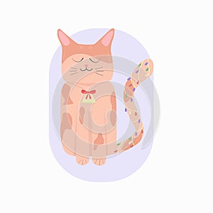 Cat with Christmas lights garland on tail. Best for cards, poster and etc. Vector illustration on white background.