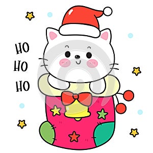 Cat Christmas santa cartoon in sock. X mas card (happy new year kids) animal kawaii vector for fairy tale book.