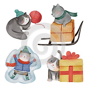 Cat . Christmas theme . Watercolor paint cartoon characters . Isolated . Set 3 of 5 . illustration