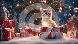 cat and christmas tree highly intricately detailed photograph of Kitten in a Christmas present