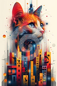 A cat with a cityscape in the background and colorful buildings, AI
