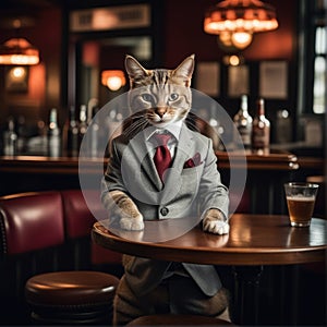 A cat in a classic suit sits at a bar table