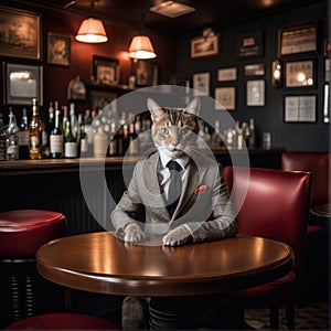 A cat in a classic suit sits at a bar table