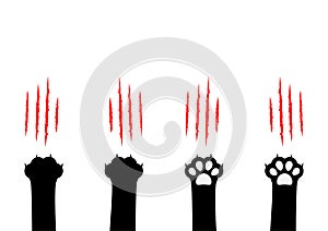 Cat claw scratching set. Black paw print leg foot. Bloody claws animal red scratch scrape track. Cute cartoon character body part photo