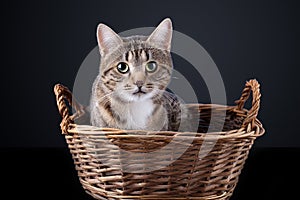 Cat climbed into an old wicker basket