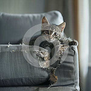 A cat climbing on the back of a gray couch, a sofa with a damaged and torn armrest, precisionist style photo