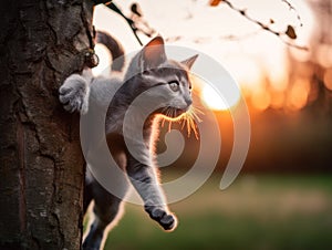 A cat climbing up a tree with the sun setting in the background. Generative AI image.
