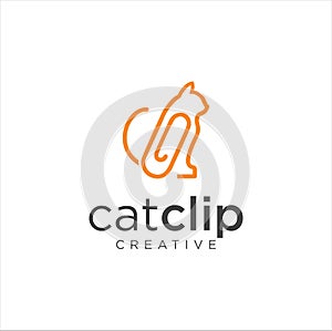 Cat Clip Logo Idea Icon Design Stock Vector. Animal Paper Clips Logo Design Template. Monogram puss Cat Logo Line Outline clip