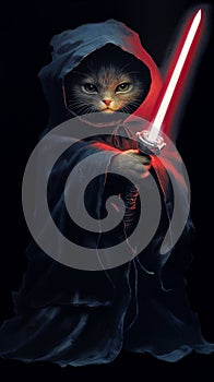 Cat in a cloak and with a lazar sword, Generative AI