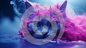 Cat close-up with pink fur in blue smoke in water. Generative AI