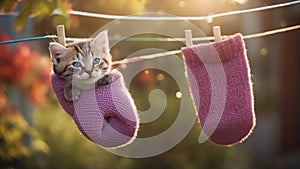 cat on a clothesline Cute Maine Coon kitten sleeping inside colorful sock hanging from washing line