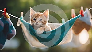 cat on a clothesline Cute Maine Coon kitten sleeping inside colorful sock hanging from washing line