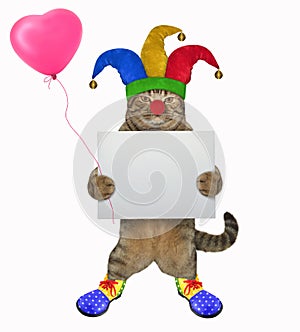 Cat clown with a blank sign and a balloon 2