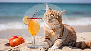 Cat with cocktail and straw is resting on background of sea on beach. AI generated.