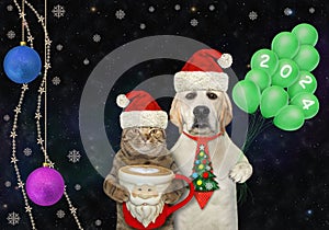 Cat with coffee and dog labrador with balloons 2024