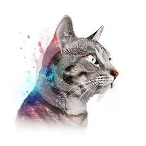 a cat with a colorful background and a white background with a blue, red, and green spot on it\'s hea