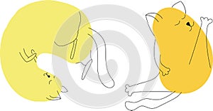 Cat Continuous Line Drawing. Two yellow yoga cats. Spot and line. Vector