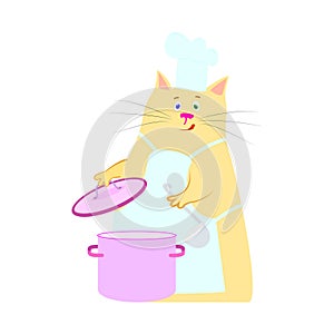 Cat - cook and a metal pot for soup on a white background