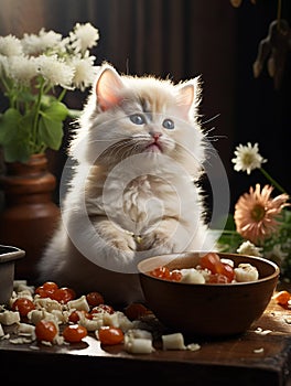 the cat cook sits at a bowl of food