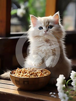 the cat cook sits at a bowl of food