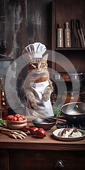 Cat cooking in the kitchen. Vertical poster