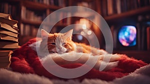 cat on the couch highly intricately detailed Cute little red kitten sleeps on fur blanket