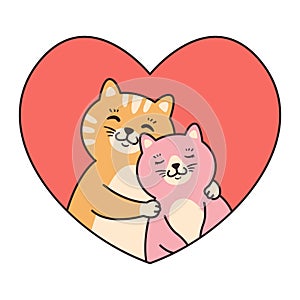 Cat couple in love hug. Greeting cards for Valentines Day, Birthday, Mothers Day. Cartoon animal character vector illustration