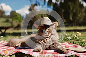 cat with a cowboy hat, lounging on a checkered picnic blanket