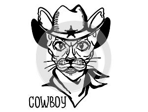 Cat cowboy with western cowboy hat and bandanna. Vector printable cat animal handdrawn illustation