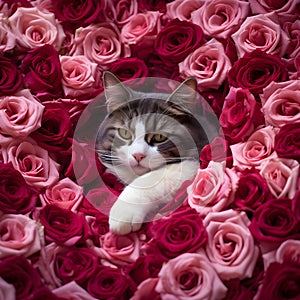 Cat crawling out of roses