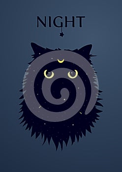 Cat with the crescent moon symbol on forehead. Angry cat silhouette with yellow eyes on the space background with stars.