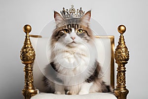 The cat in the crown sits on the throne, white background.