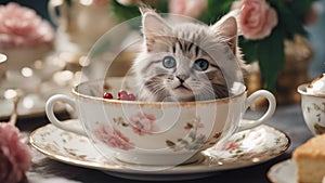 cat in a cup A fluffy Maine Coon kitten with a playful glint in its eyes, sitting snugly in an oversized porcelain tea cup