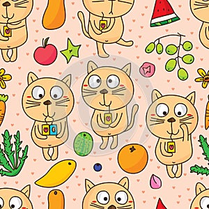 Cat cute drink fruit seamless pattern