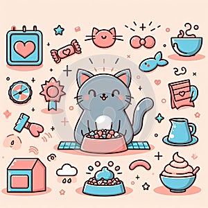 cat cute illustration, unique cartoon blue brown grey fish