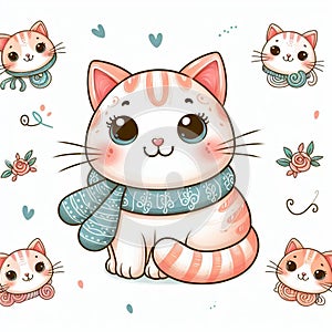 cat cute illustration, unique cartoon blue brown grey fish syal