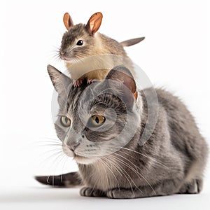 Cat and cute mouse together, mouse lies on cat\'s head on white background close-up, friendship,