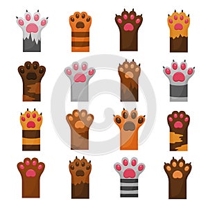 Cat cute paws flat color vector illustrations set