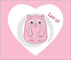 Cat cute on a white heart, text love you, luv u