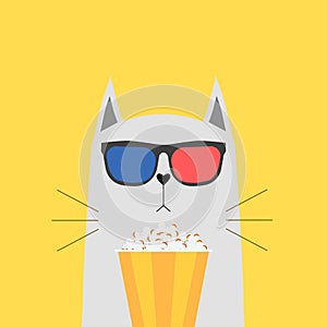 Cat in 3d glasses with box, bowl of popcorn isolated on background. Cute animal character. Movies, cinema theater, film concept.