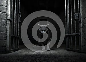 Cat in a dark prison cell. AI created. photo