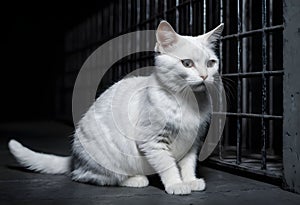 Cat in a dark prison cell. AI created. photo